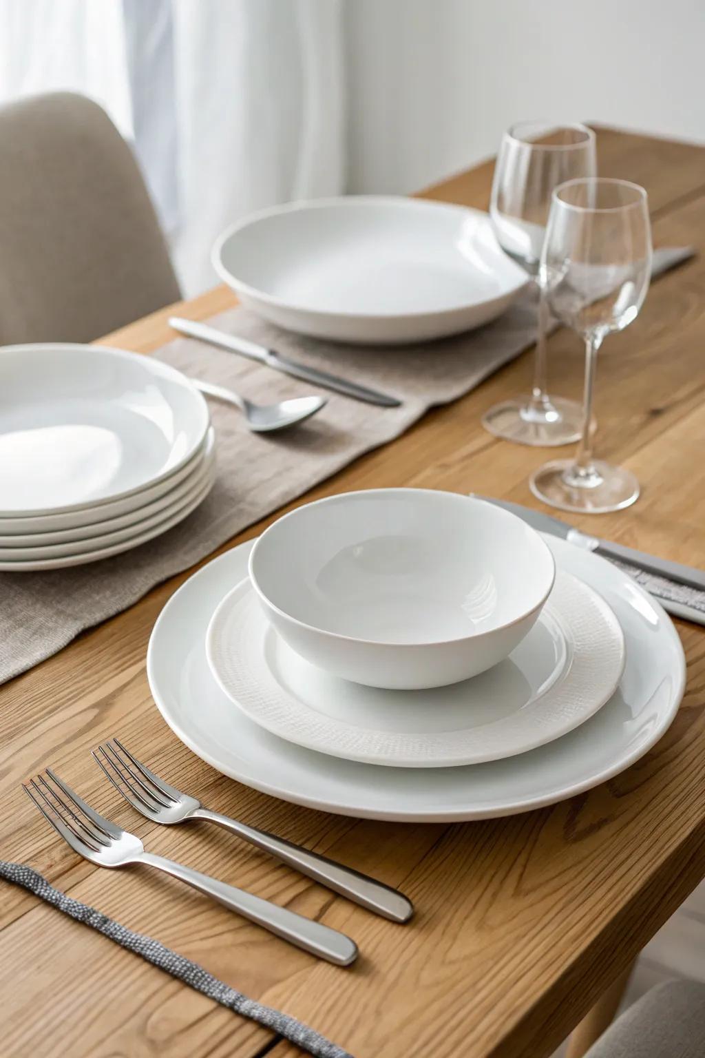 Simple place settings on a cozy, wooden table.