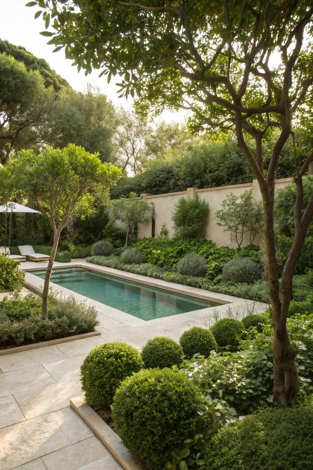 A harmonious mix of greenery enhancing the poolside feel.