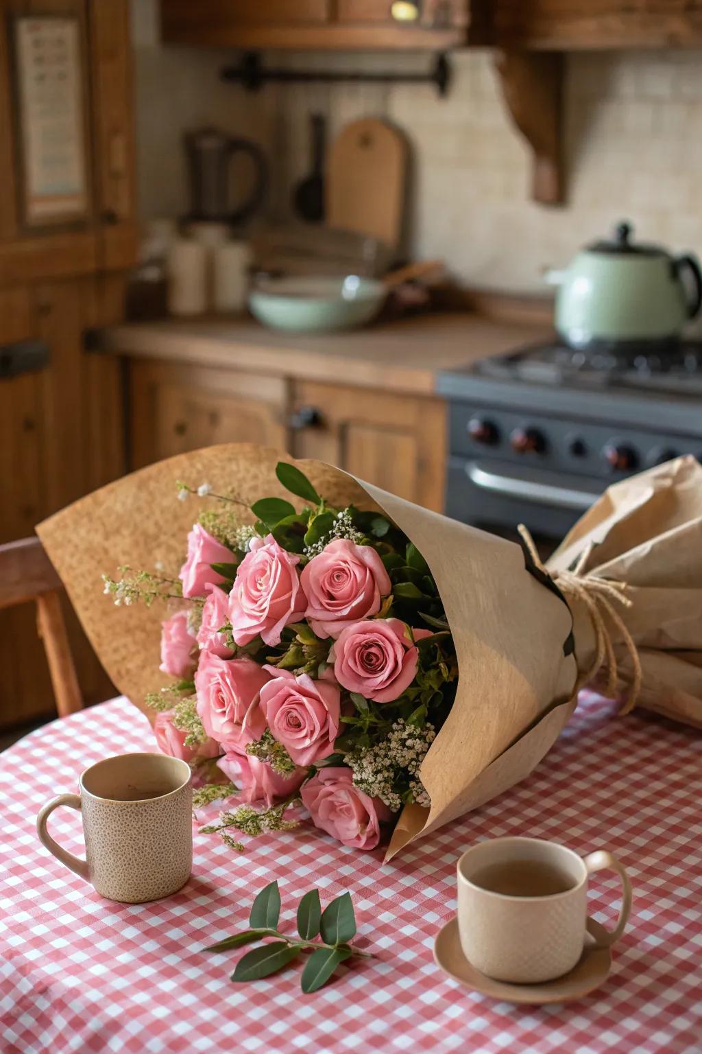 Roses bundled in plain kraft paper for a touch of rustic charm.