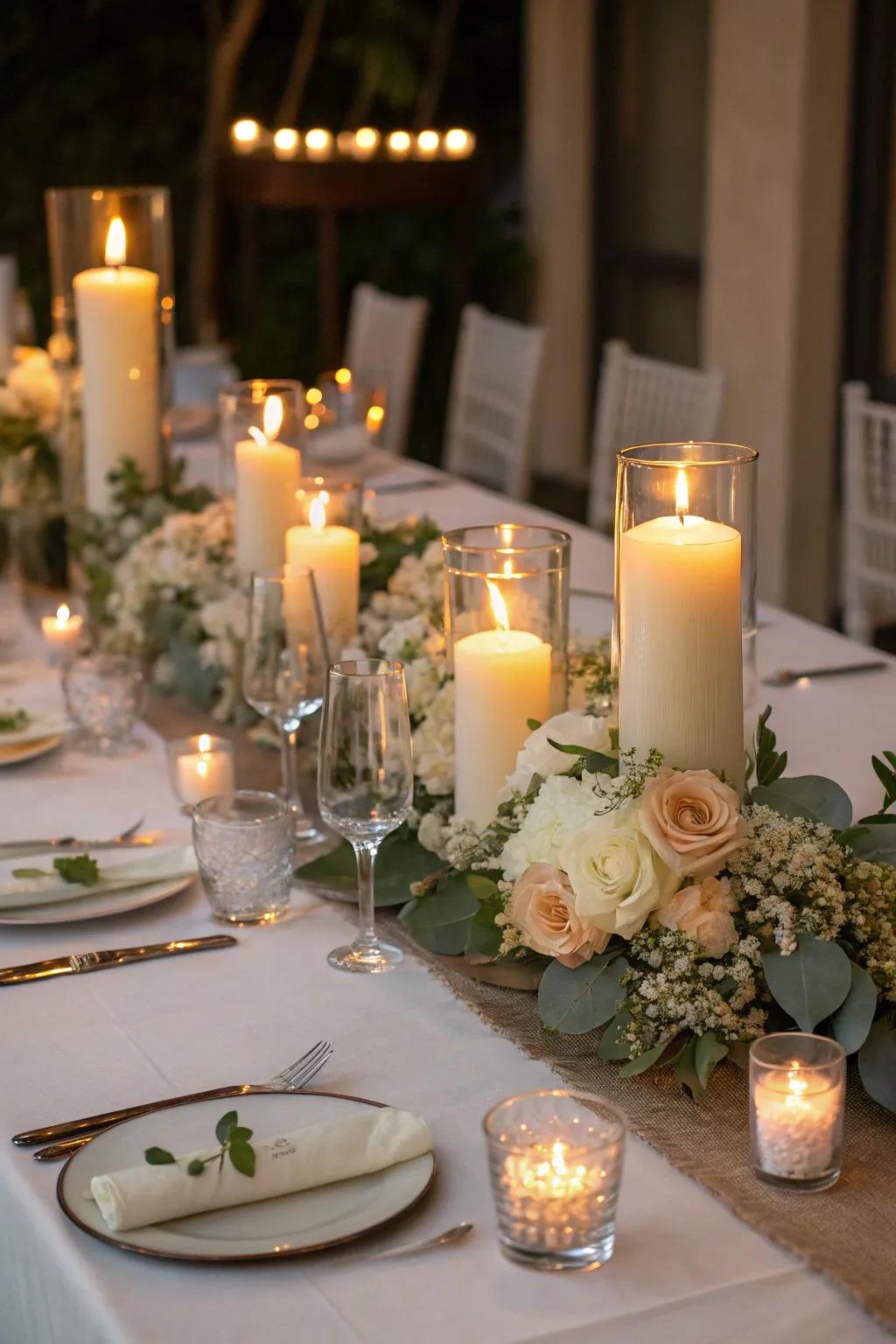 Candles create a romantic, glowing atmosphere on the wedding table.