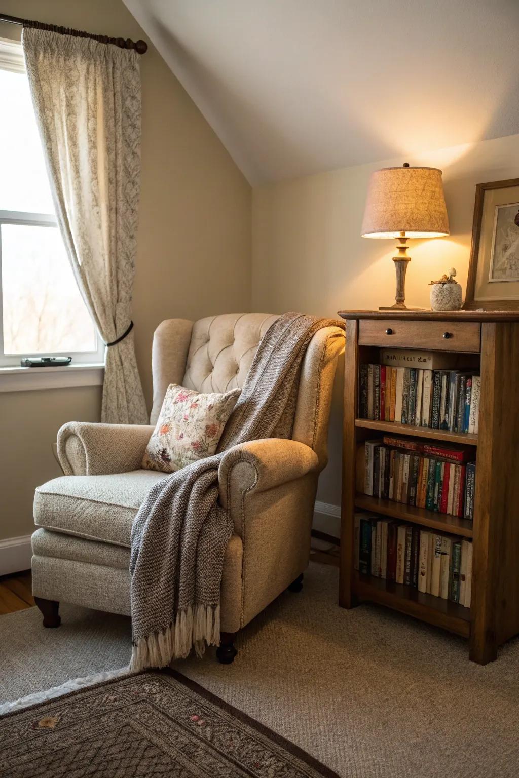 A snug reading corner designed for unwinding with a great book.