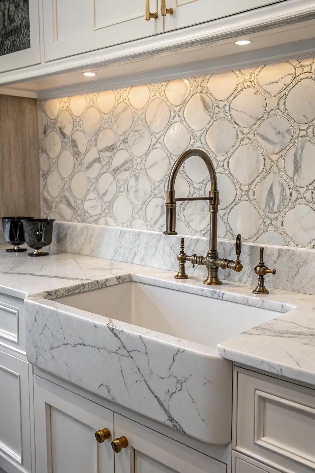 A refined marble backsplash enhances the kitchen's sophisticated appeal.