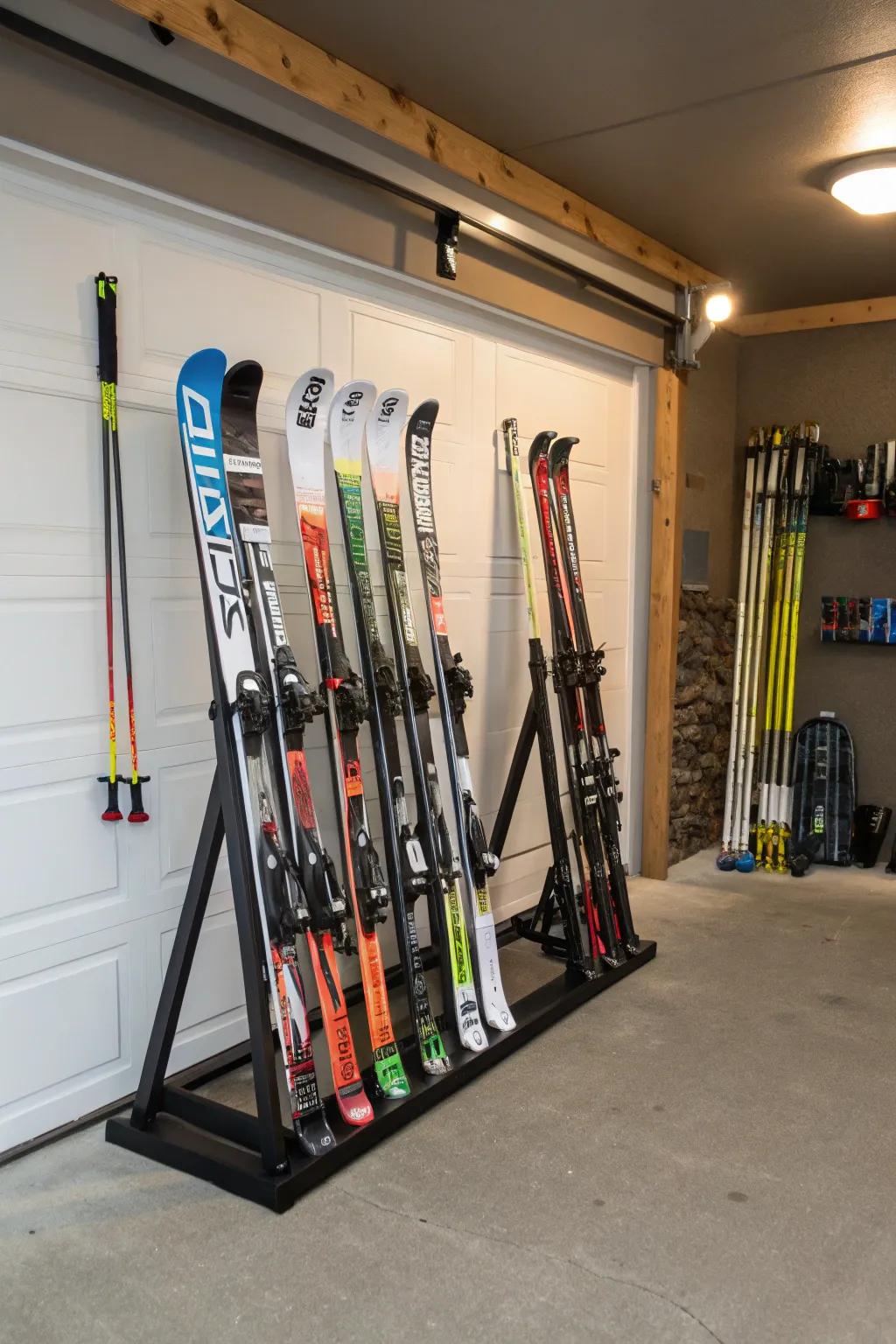 Independent racks work well in garages, ensuring skis are upright and tidy.