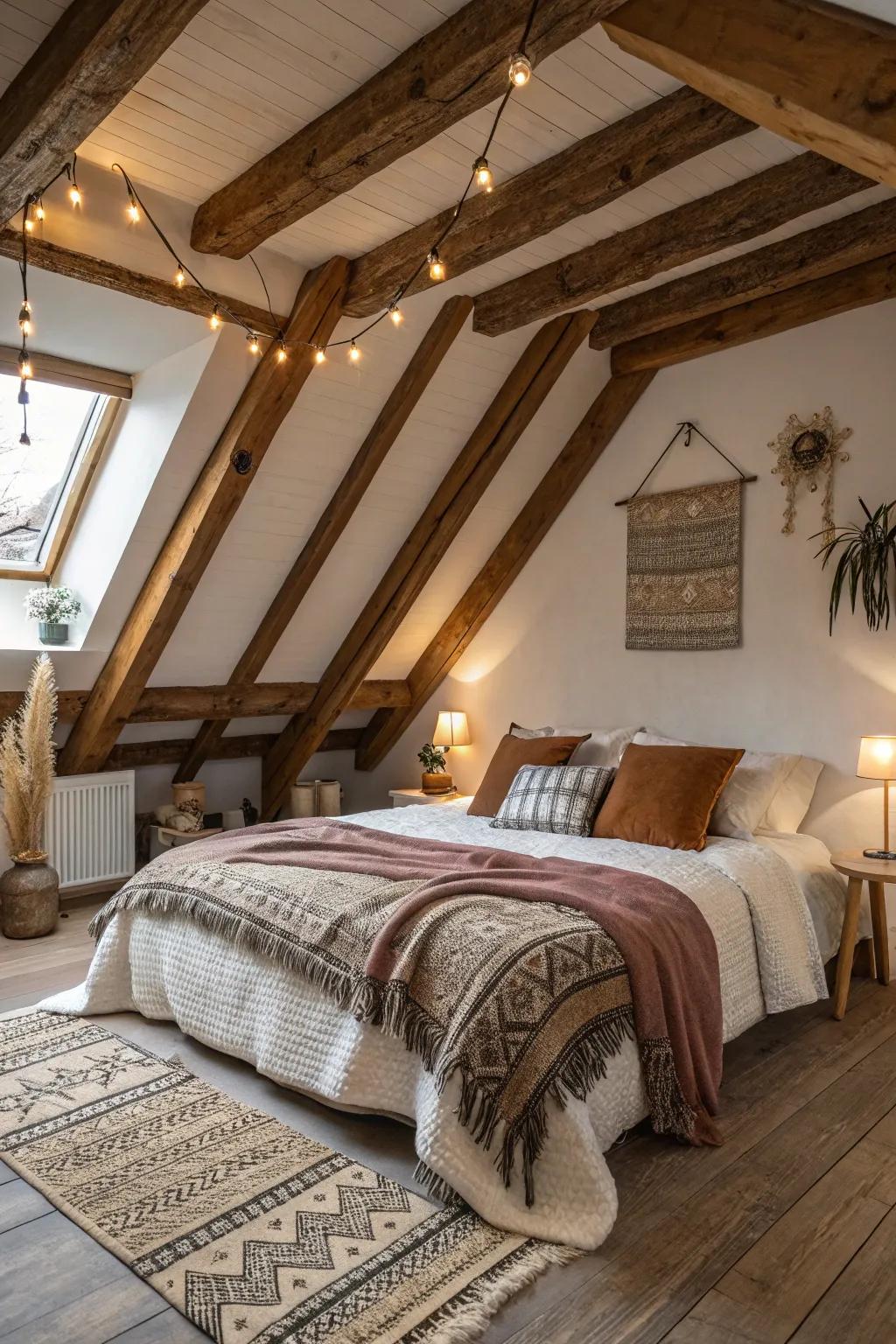 An attic bedroom with gorgeous wooden beams that are wonderfully exposed.
