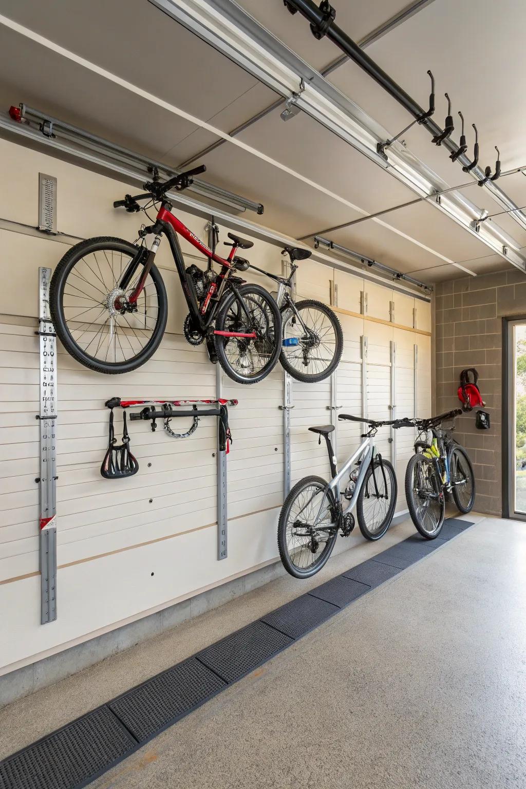 Upright bike storage with a slatwall ensures your garage floor stays clear.