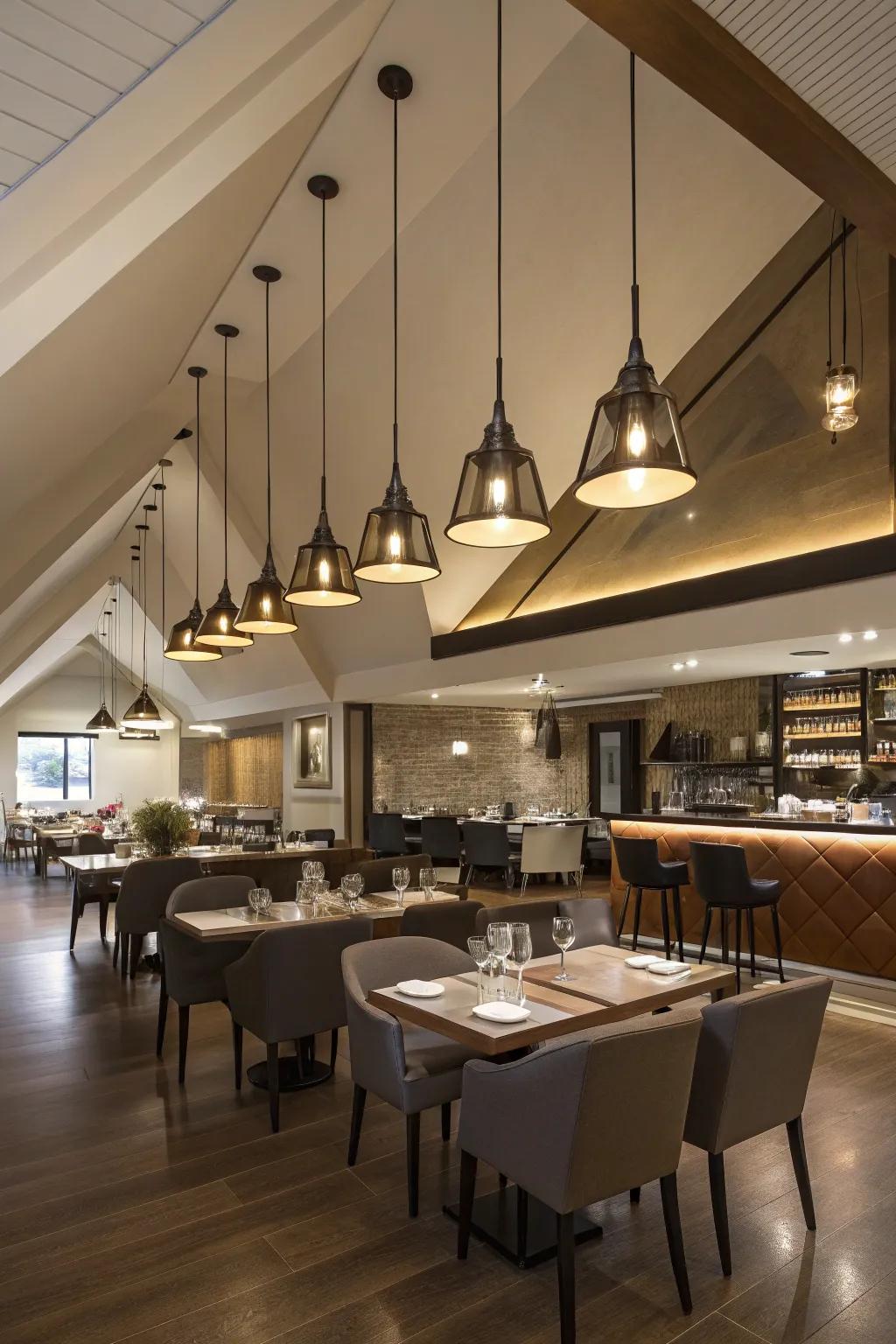 Adaptable pendant fixtures inject depth and visual interest to inclined ceilings.