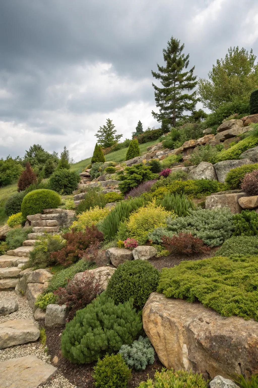Layered plants introduce depth and visual interest in a rock garden.
