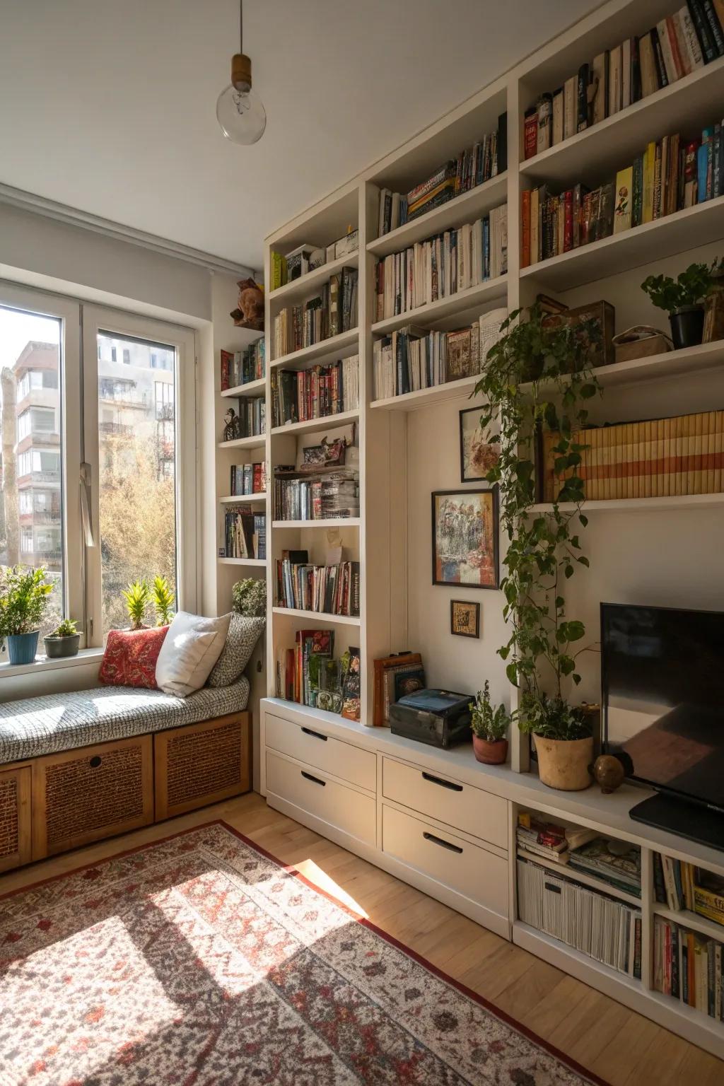 Wall storage solutions keep the floor space open and welcoming.