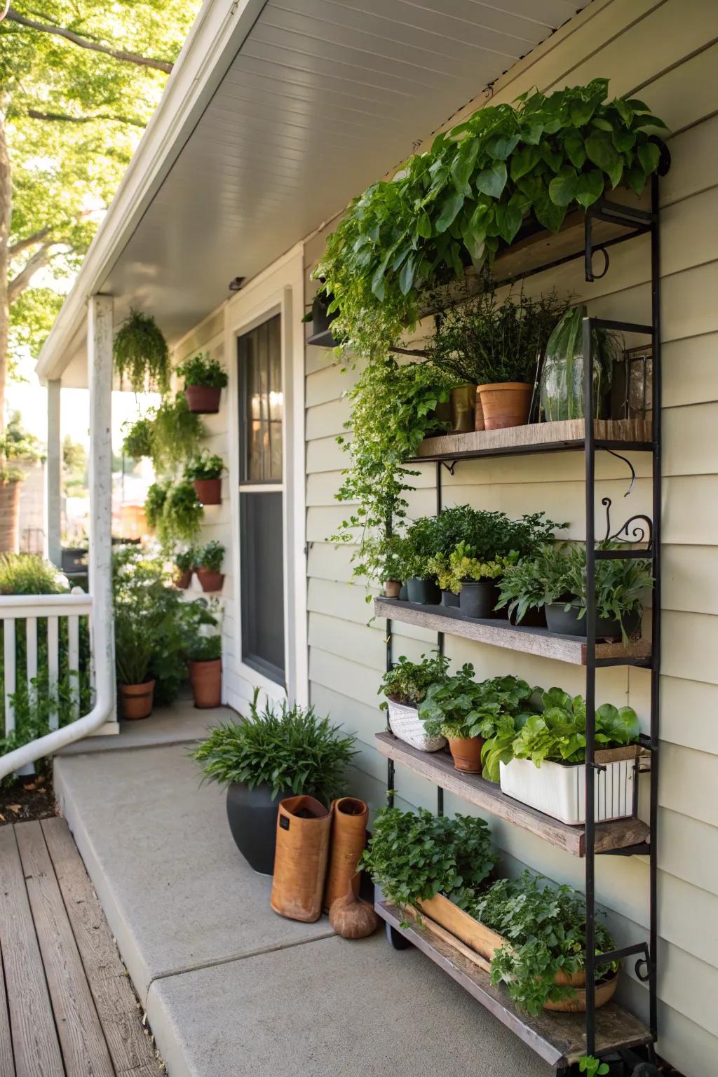 Vertical planters contribute greenery to a modest back porch without compromising floor space.