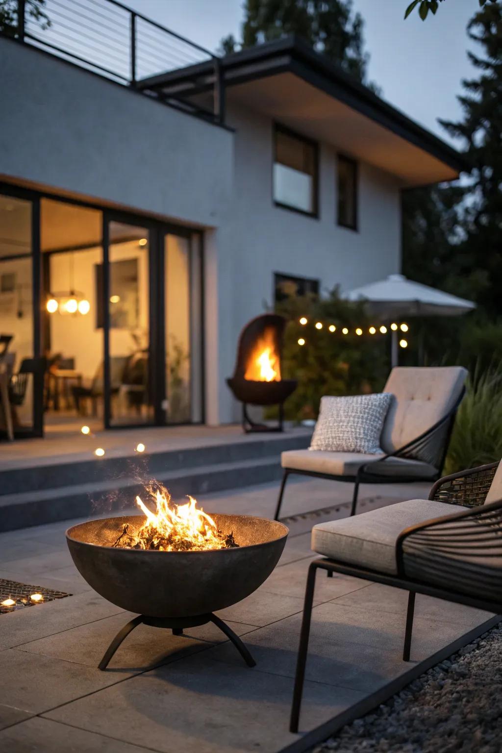 A streamlined metal fire vessel imparts modern sophistication to a small patio setting.