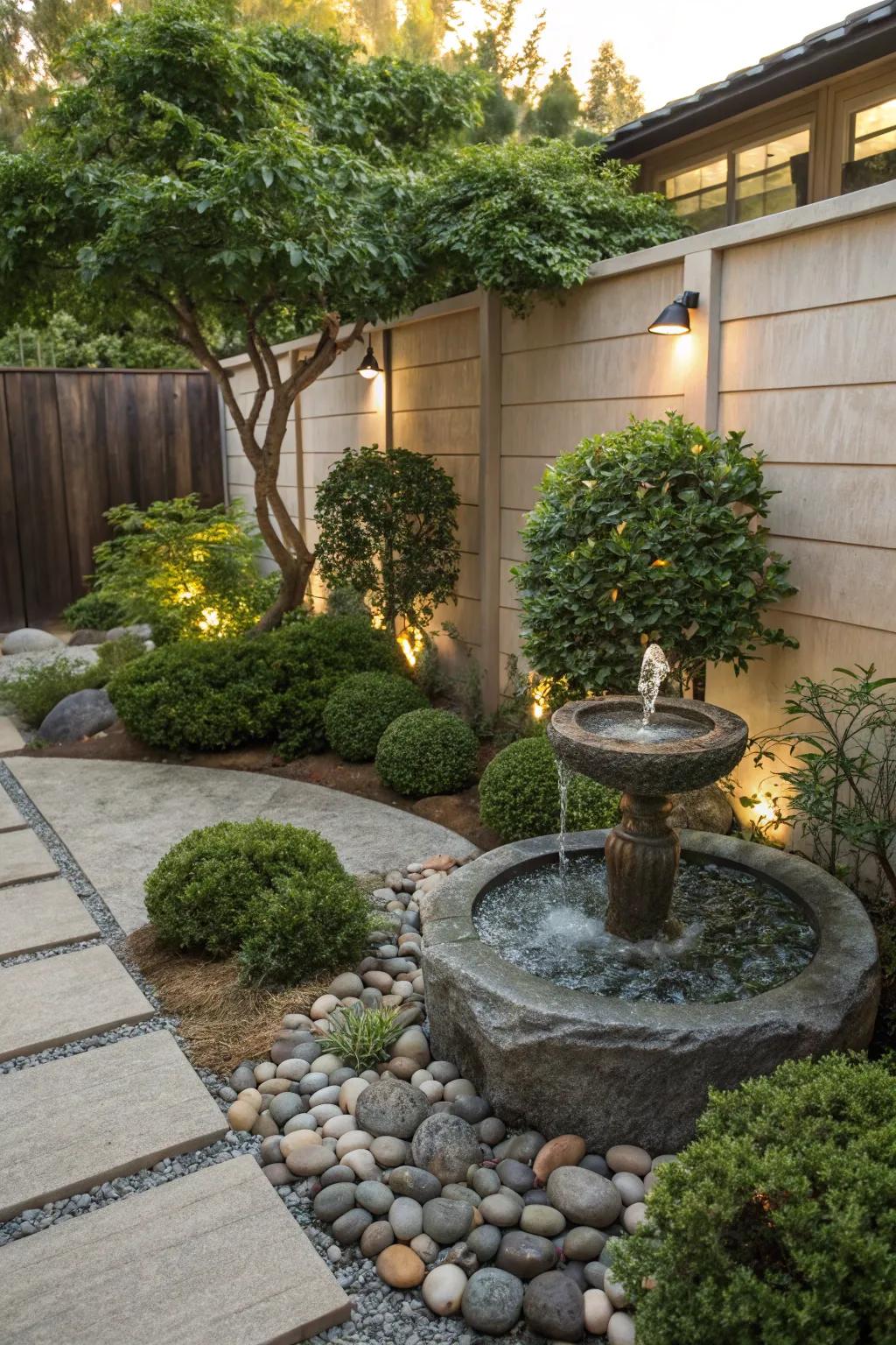 A serene backyard zen garden boasts a small water fountain, embraced by vibrant greenery.
