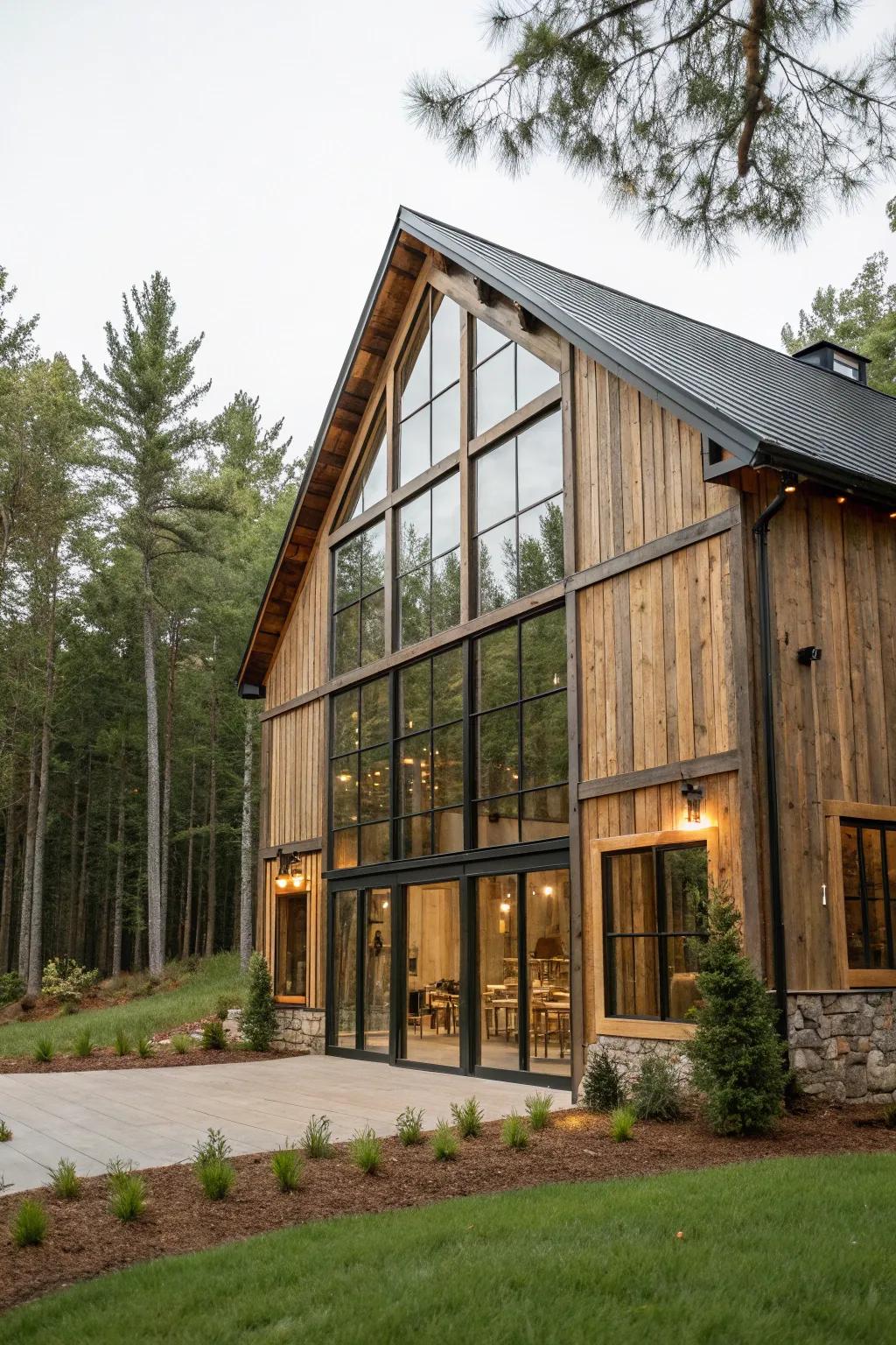 A modern rustic barn blending seamlessly with nature.