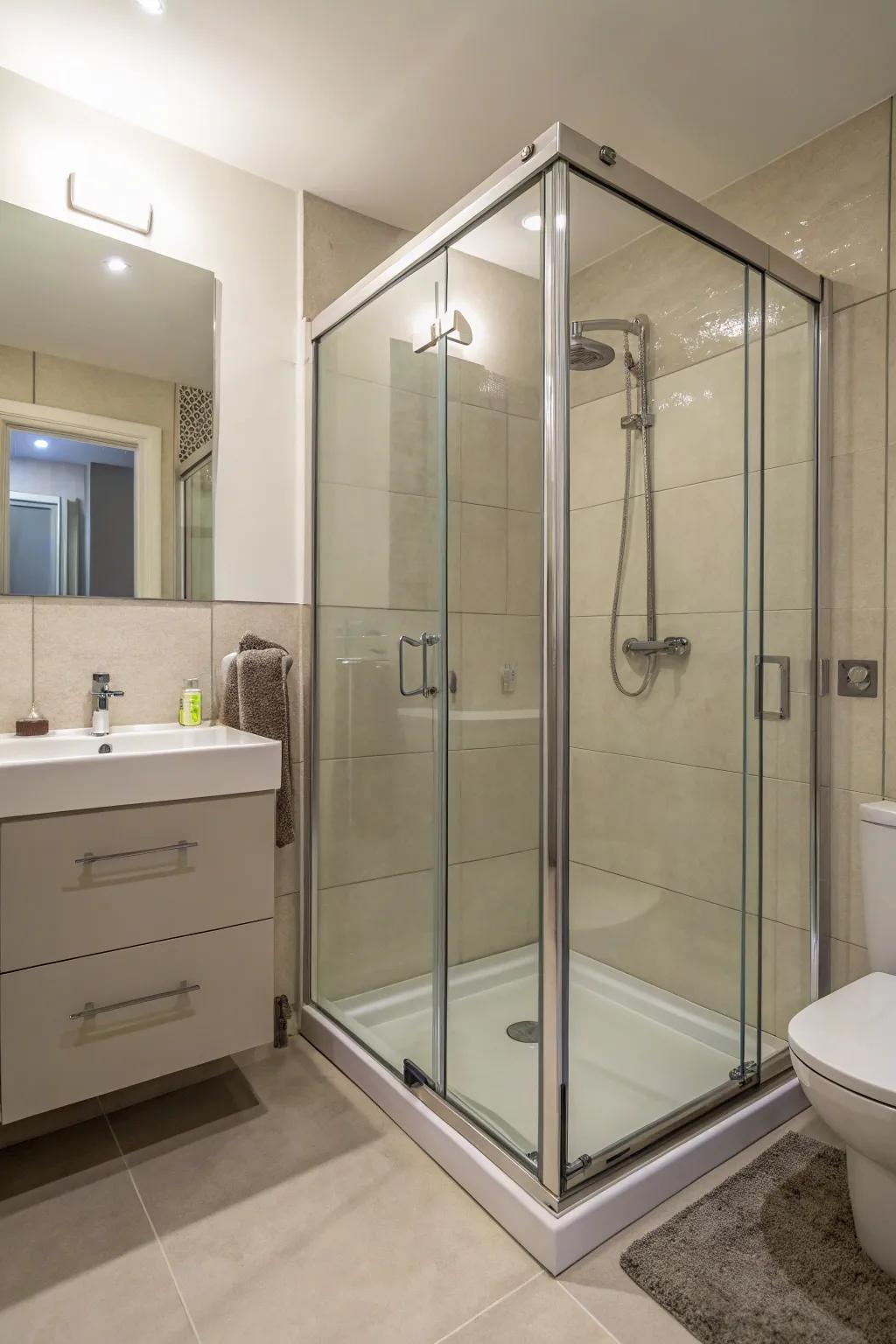 A curbless shower design that maximizes space in a compact bathroom.