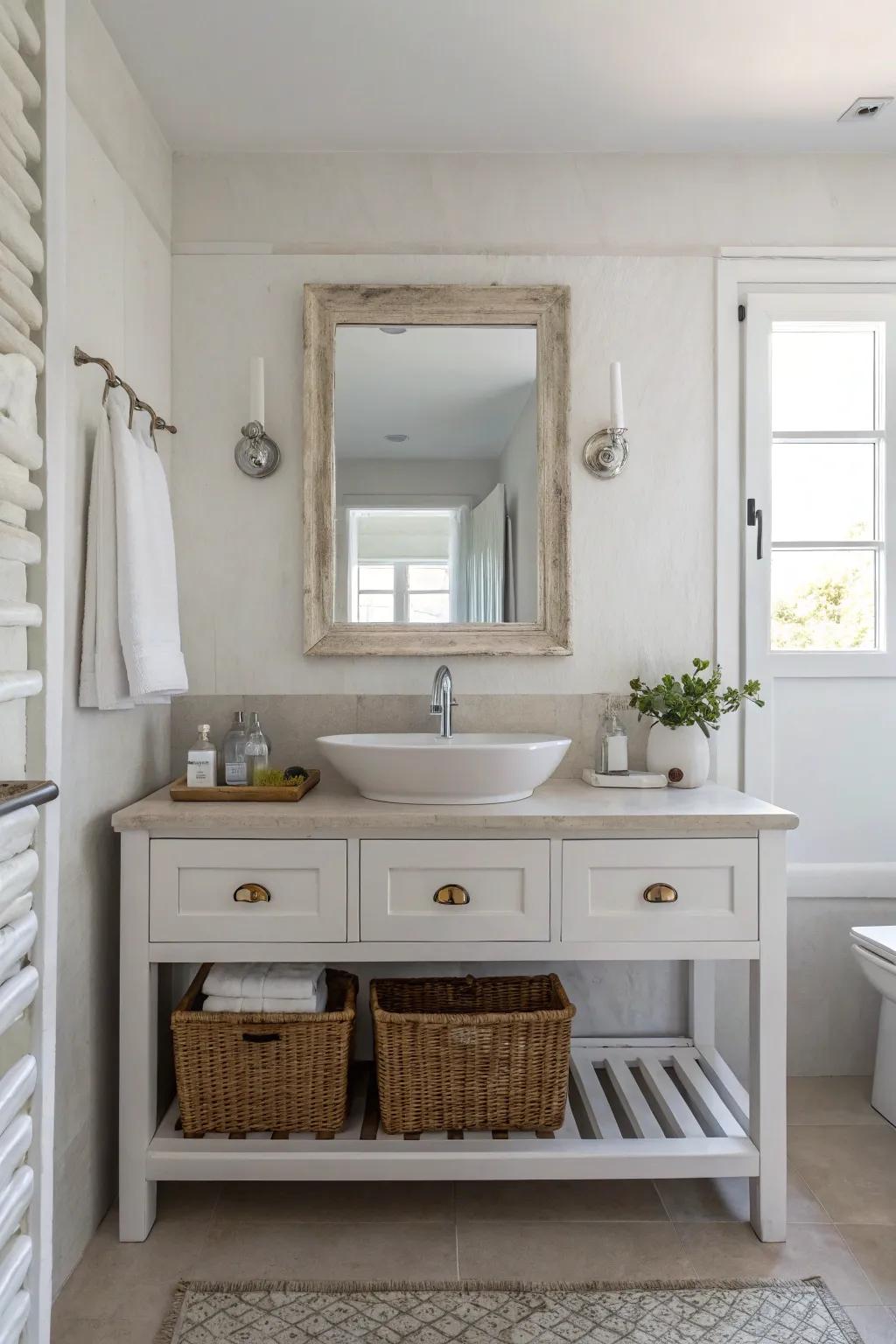 A minimalist vanity lending sophistication and simplicity to a small bathroom.