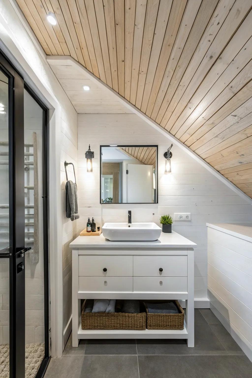 A luminous bathroom featuring a chalked wooden roof, projecting a roomy vibe.