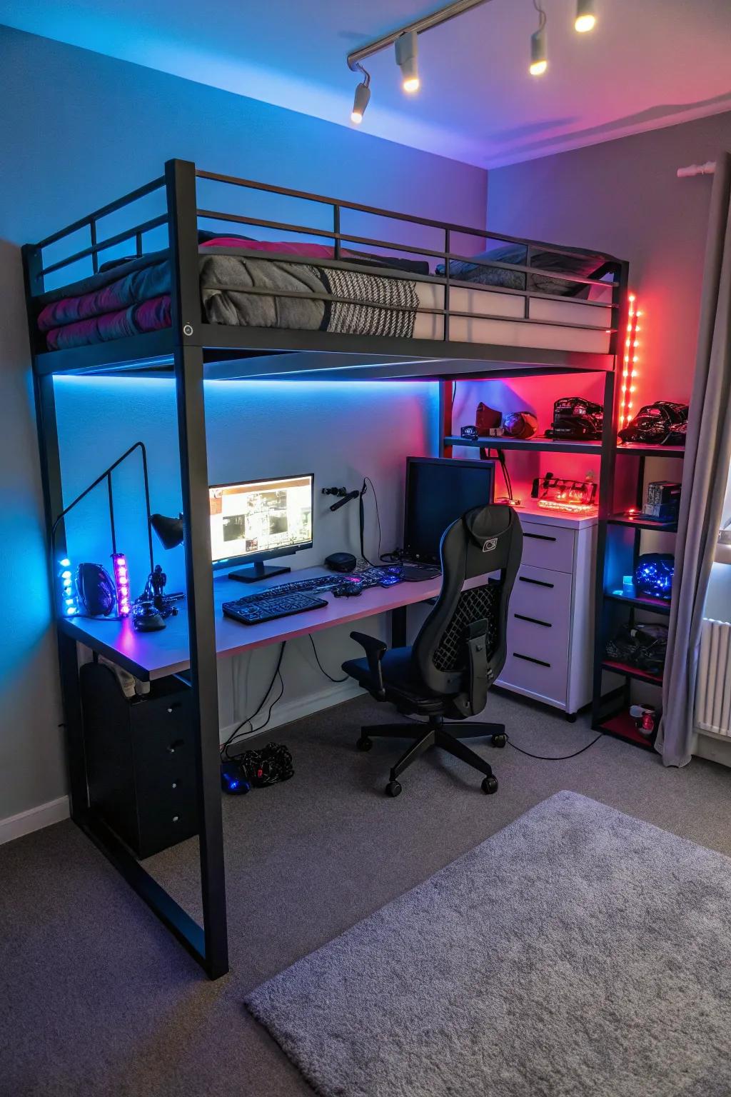 Use the height of the room with raised beds to create a useful gaming setup.