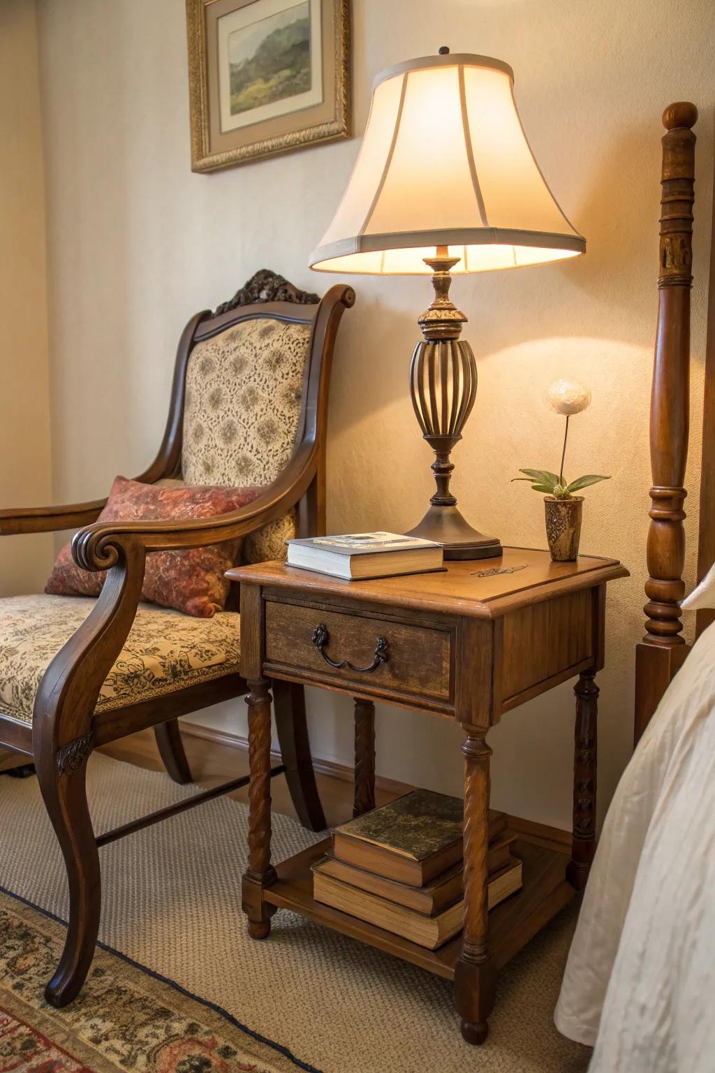 A vintage chair reimagined as a bedside table adds a touch of creativity.