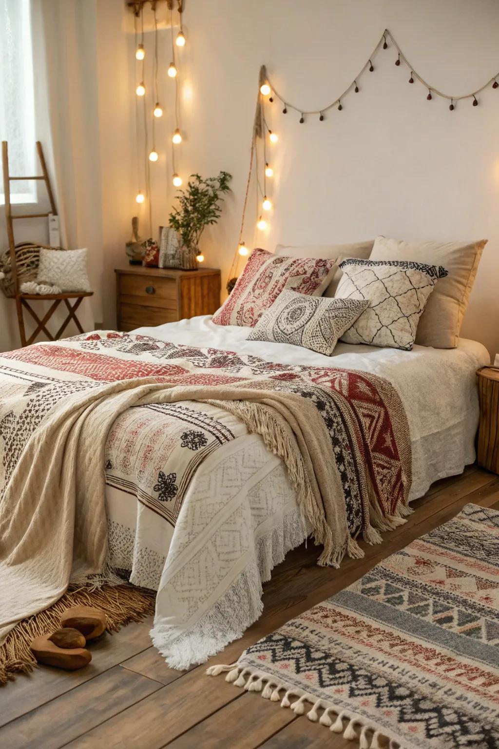 Fabric combinations bring warmth and depth to this small boho bedroom