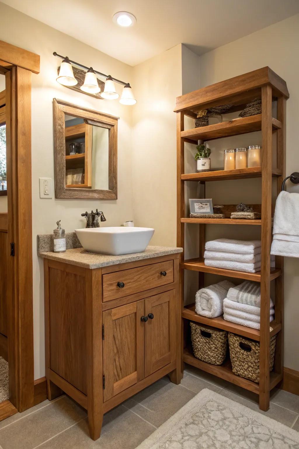 A timber washstand and ledges introduce warmth into the bathroom.