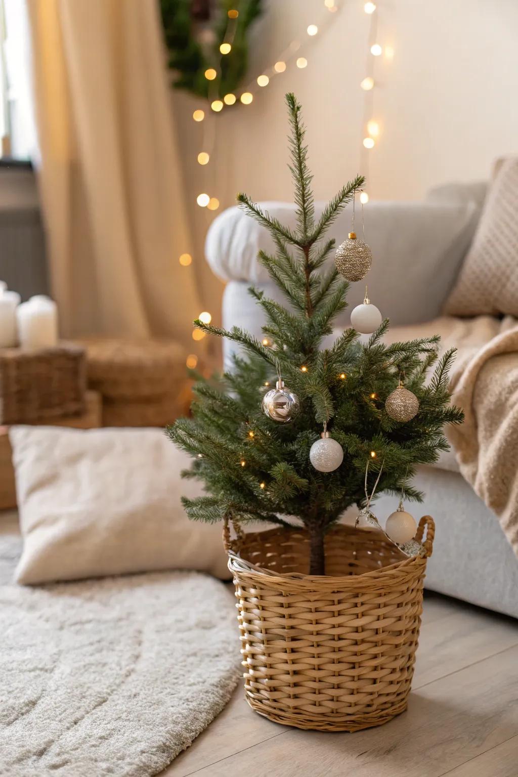 A diminutive Christmas tree in a quaint basket base, ideal for an inviting atmosphere.