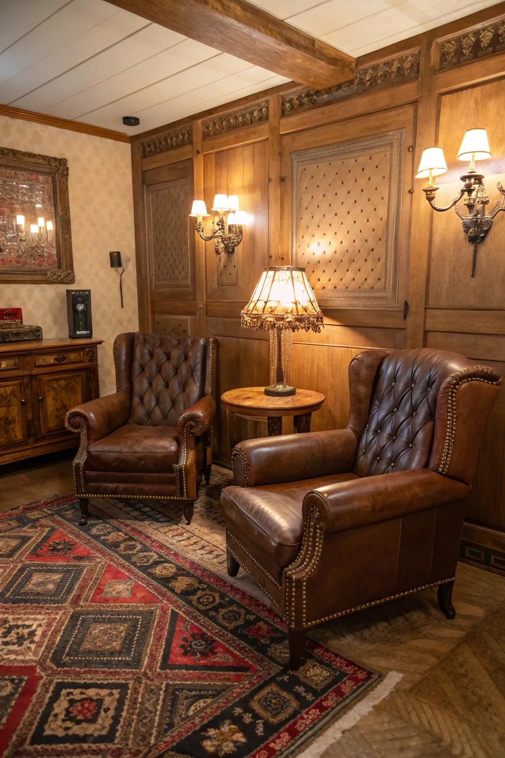Lavish leather seating enriches the traditional atmosphere of a small cigar area.
