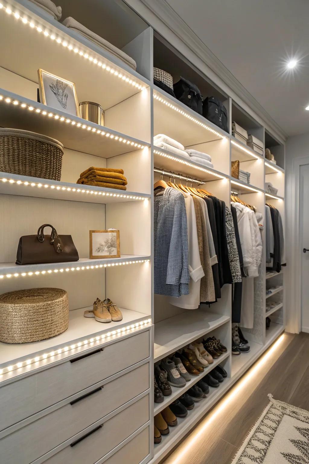LED bands add a contemporary shimmer to closet shelves.