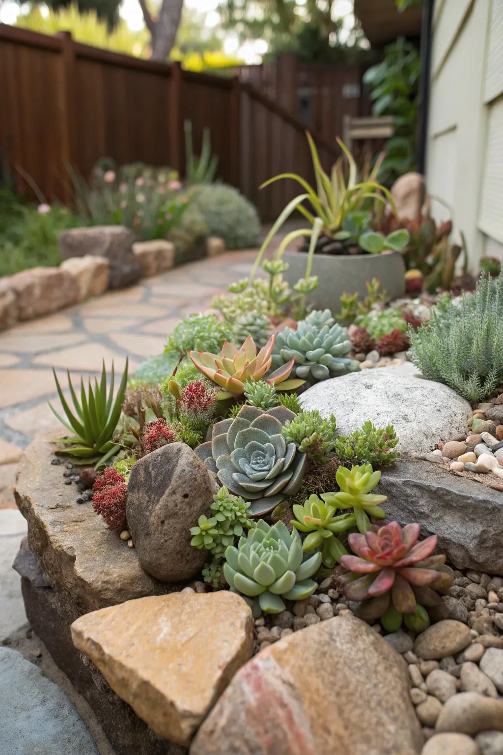 A vibrant arrangement of succulents enhancing a corner rock garden.