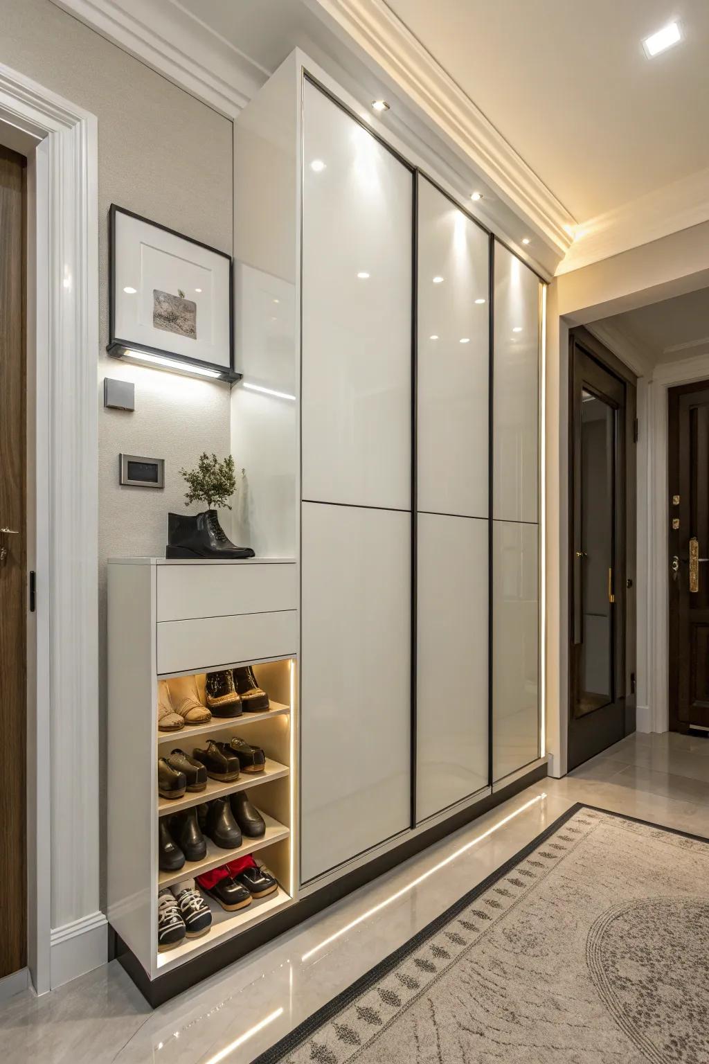 Enclosed footwear cabinets deliver a tidy and orderly entryway.