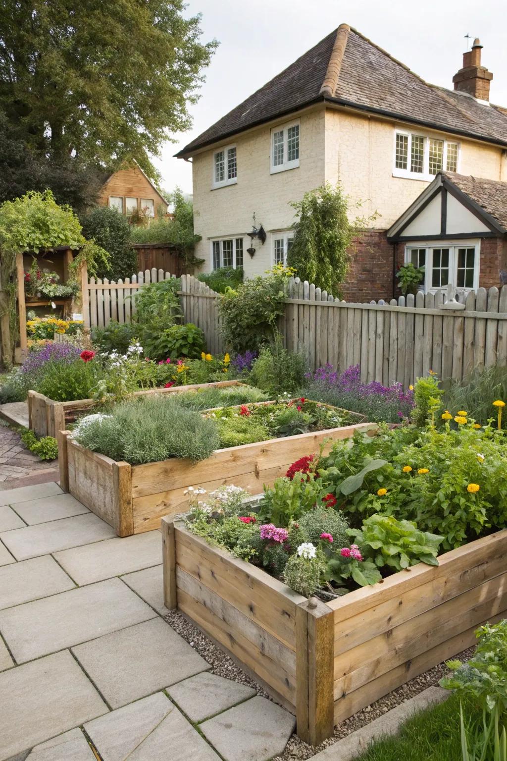 Raised wooden beds overflowing with vibrant flowers and herbs.
