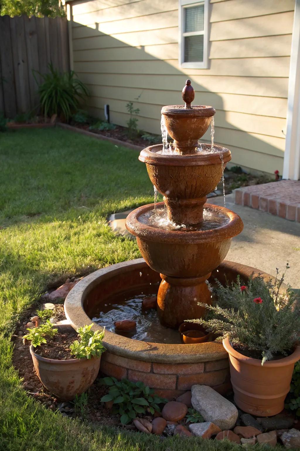 A clay layered water feature infuses warmth and persona.