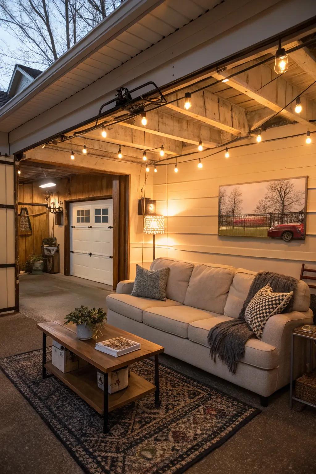 A small garage has been transformed to become a comfortable living room.