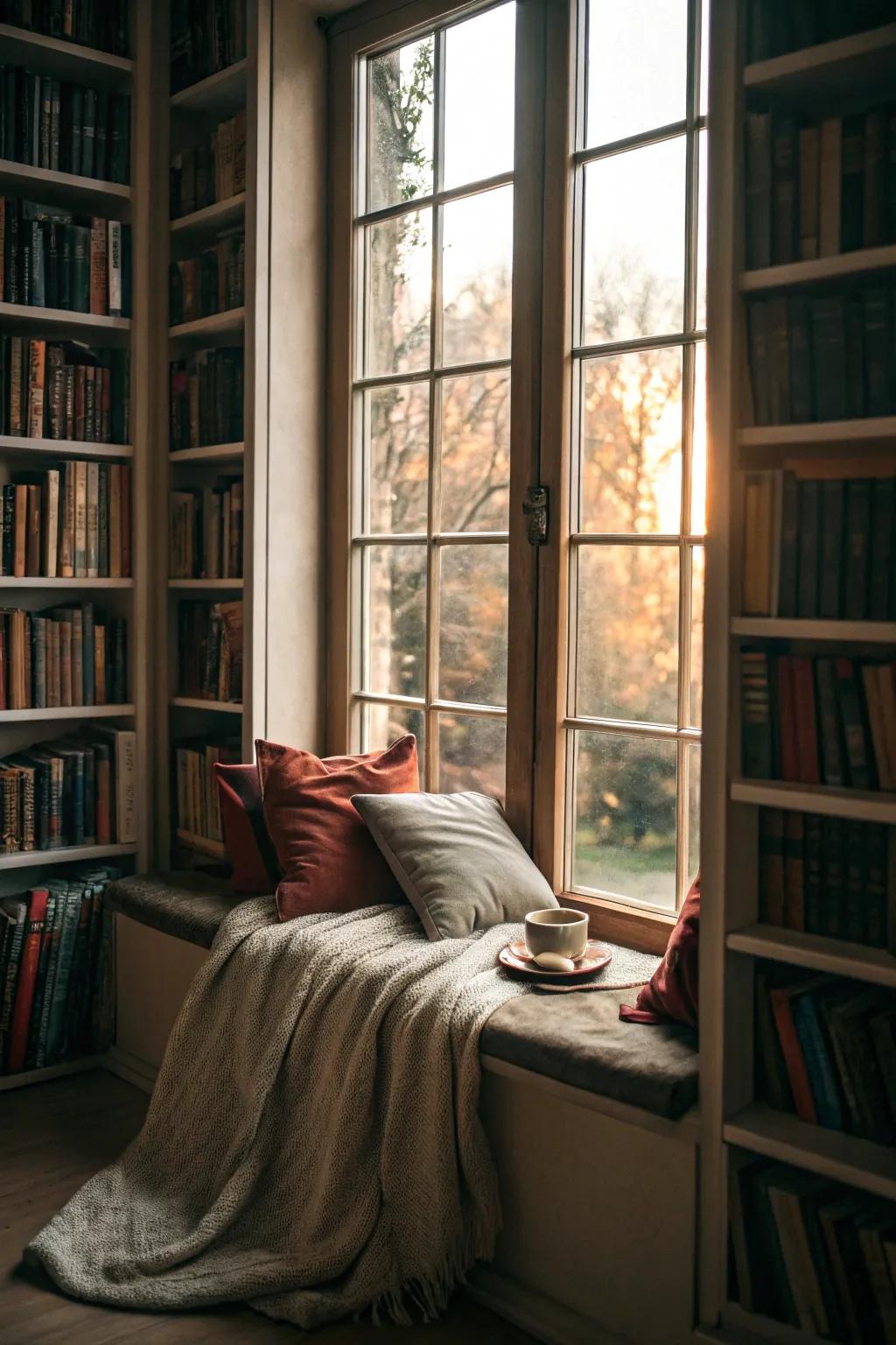 A window seat provides a cozy, naturally lit reading spot.