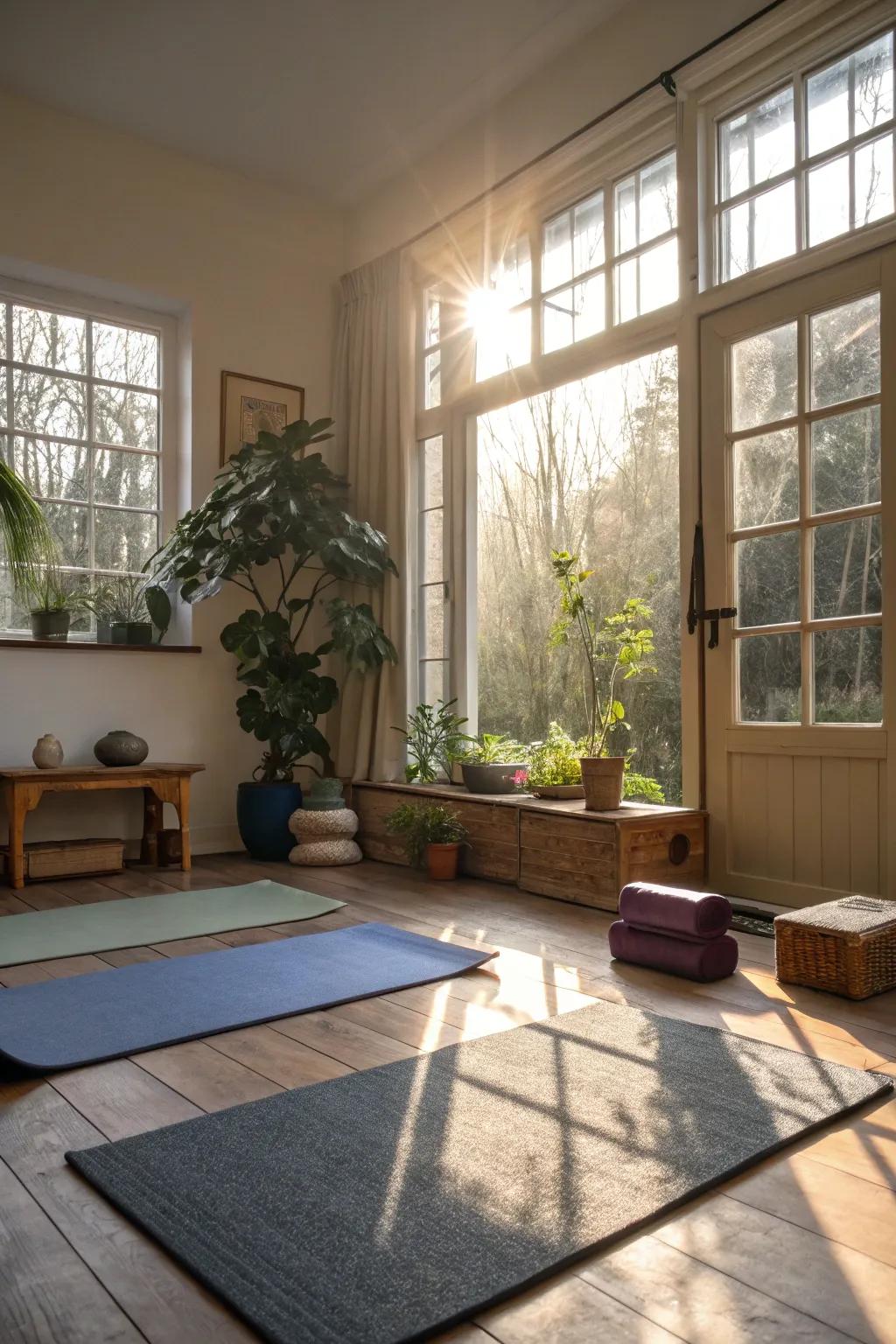 Small yoga space filled with natural light from a large window.