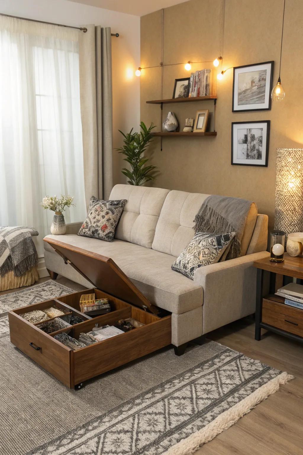 A classy sofa that turns into a bed and a coffee table with storage in a small living room.