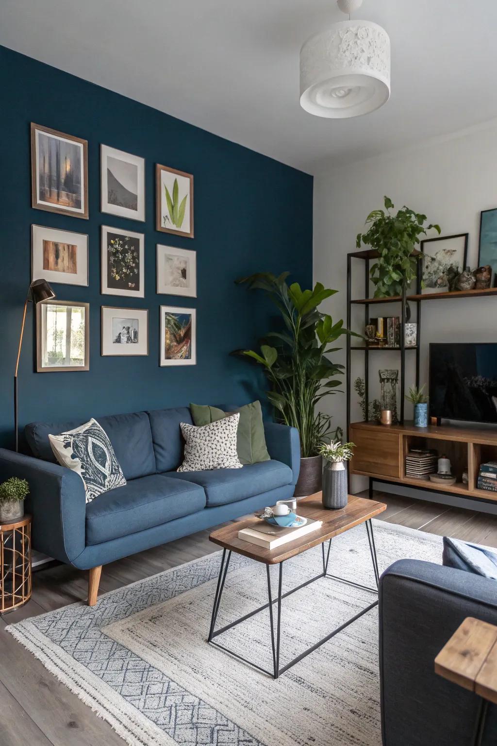 A small parlor featuring a deep blue accent wall, enhancing depth.