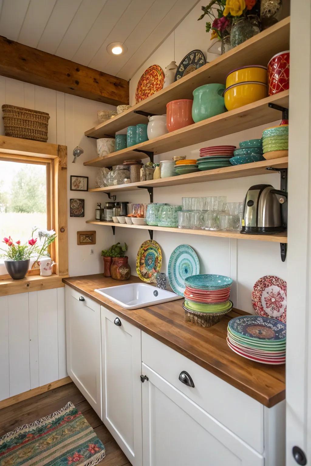 Open storage enriches a small kitchen with style and functionality.