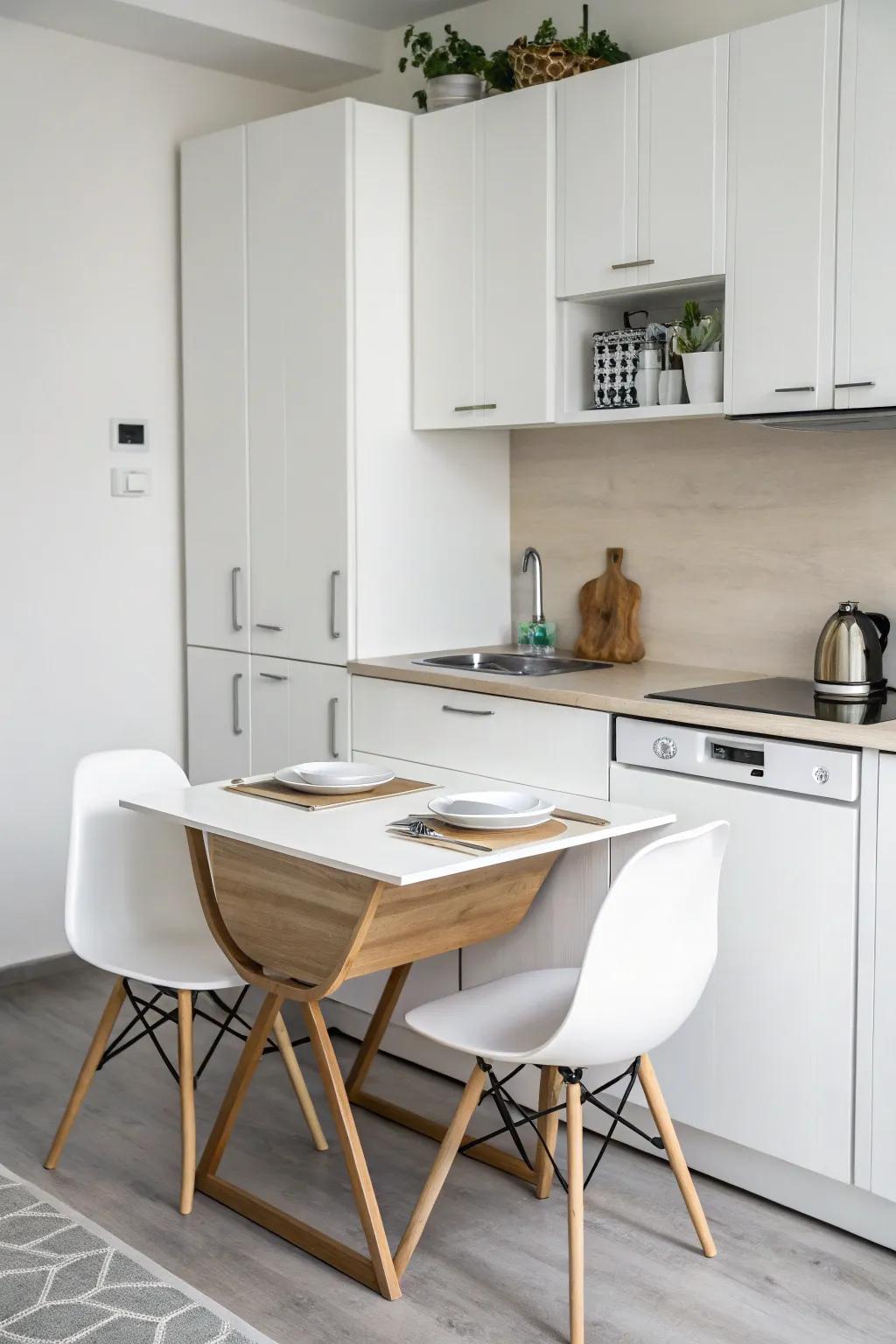 A demountable table amplifies room in a small kitchen.