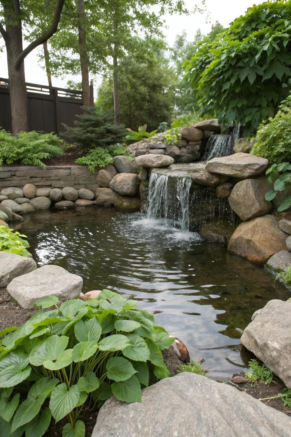 A captivating pocket-sized cascade in a small water garden.