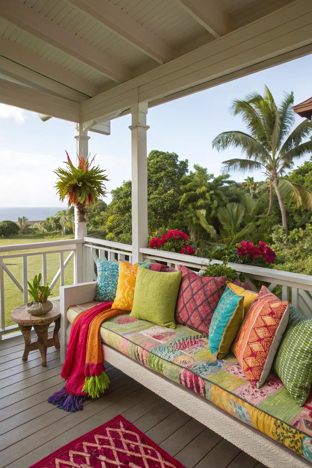 Brighten up your lanai with vibrant cushions and throws for a lively atmosphere.