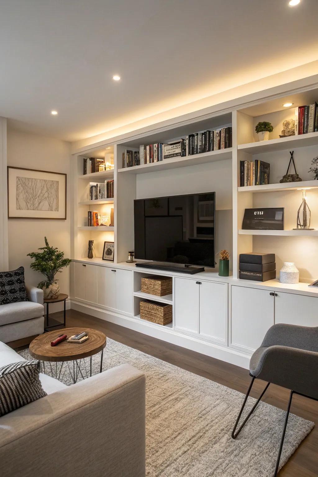 Integrated shelves offer elegant storage and integrate your TV as part of the room's decor.