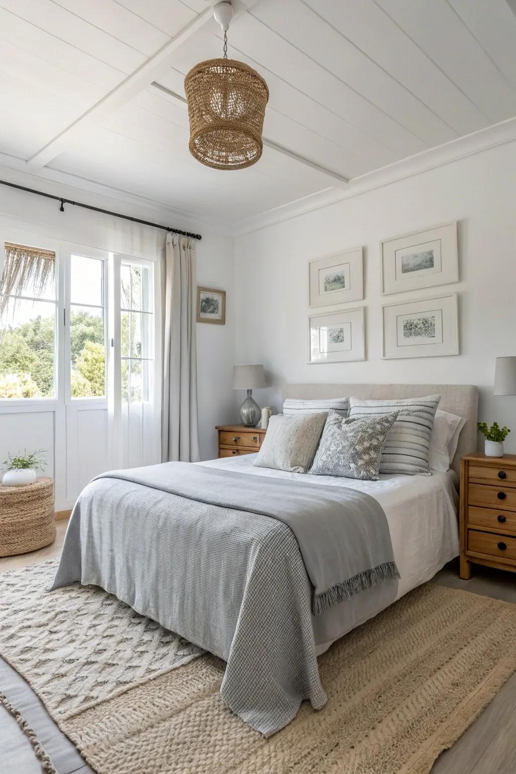 Gentle colors conjure the illusion of expansiveness in a small primary bedroom.