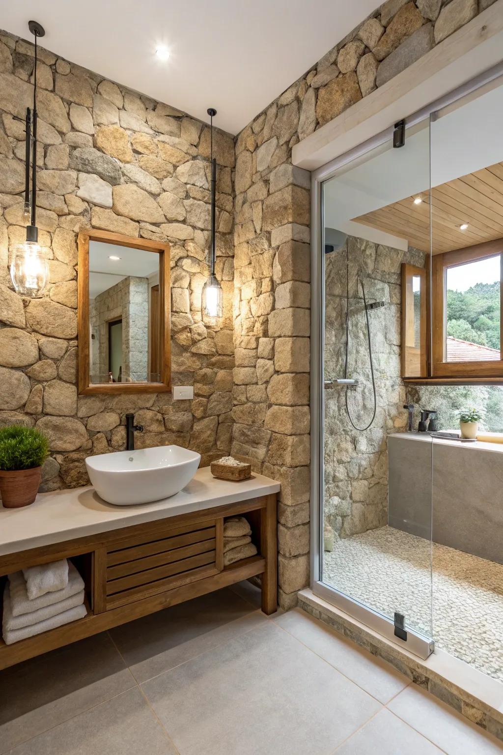 Stone walls introduce an element of texture in a compact, modern-homespun bathroom.