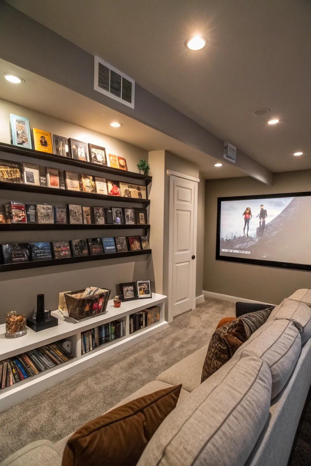 Movie storage in stylish and useful wall shelves.