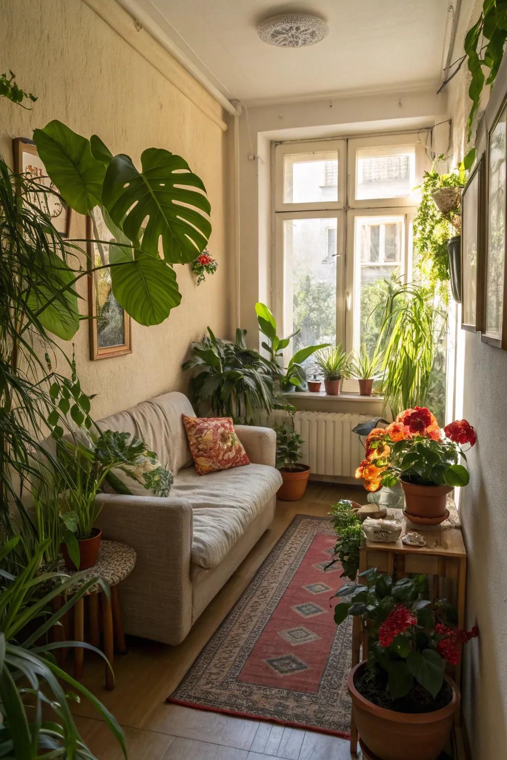 Indoor plants introduce vibrancy and natural elements.