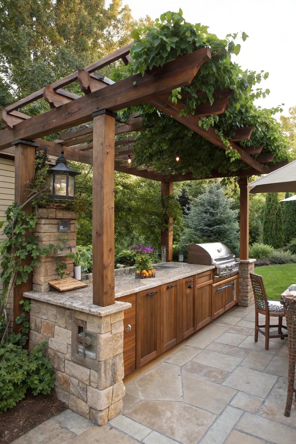 A garden shade structure gives a small cooking area charm and protection.