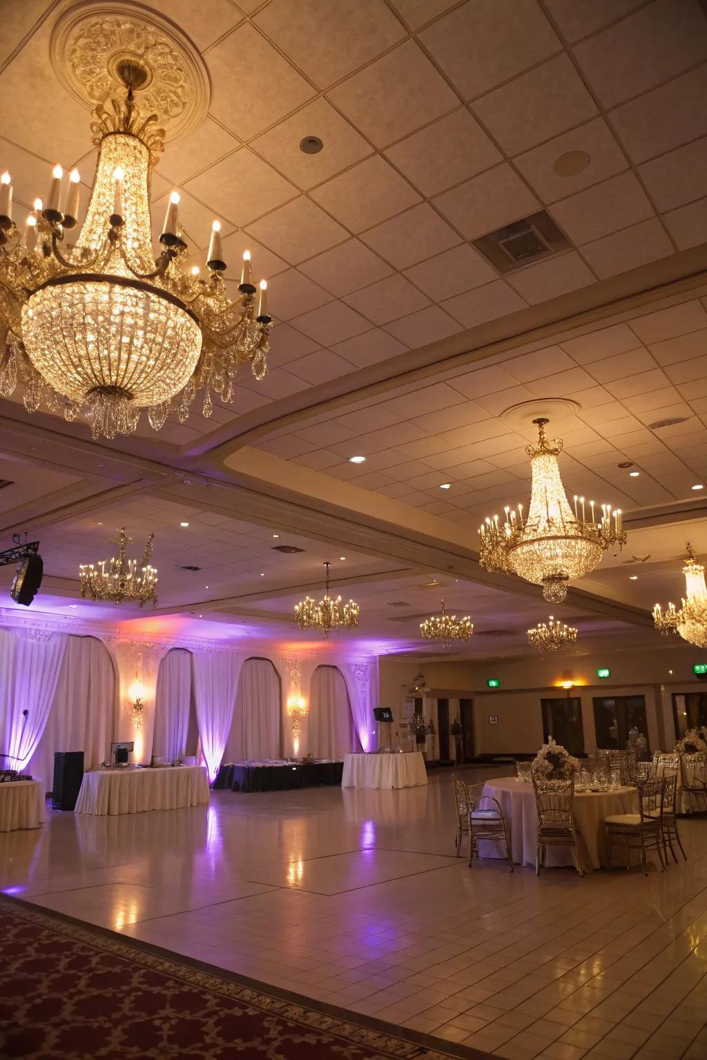Chandeliers and uplighting conjure an enchanting atmosphere in compact venues.