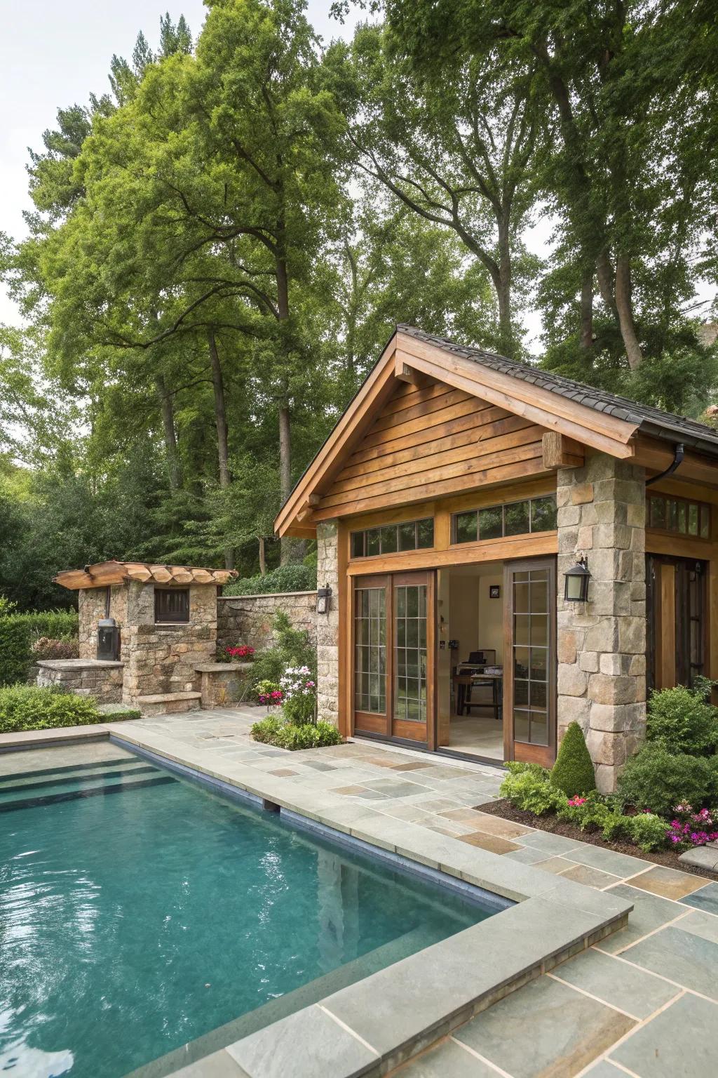 A pool house concept that beautifully incorporates natural elements.