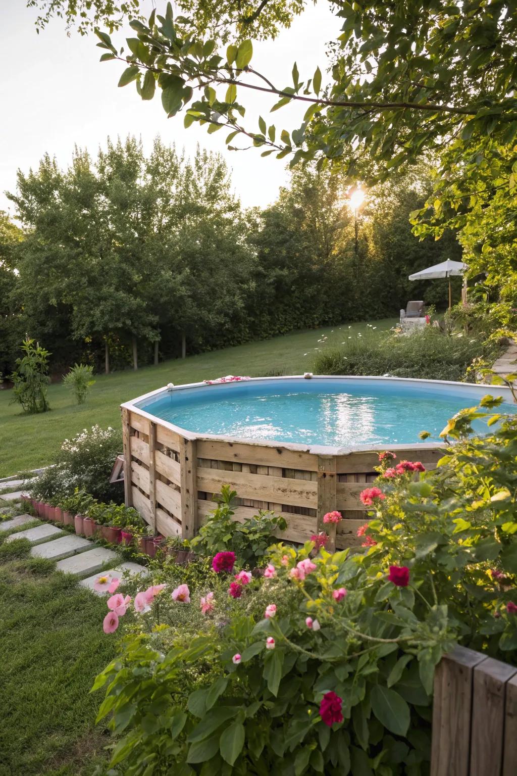 An inventive wood pallet frame enhances the appeal of this above-ground pool.