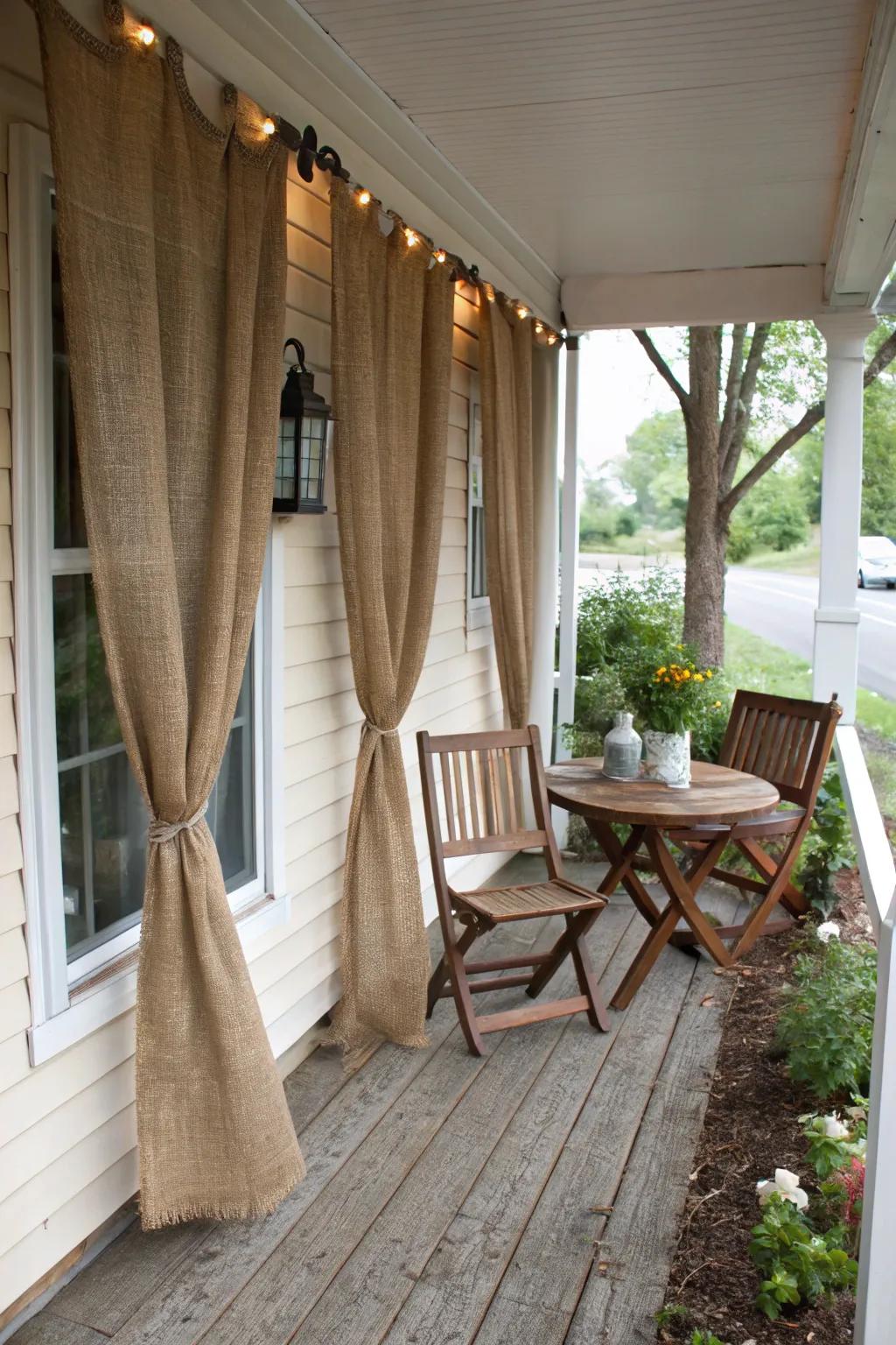 Hessian curtains lend a rustic accent to your inviting porch setup.