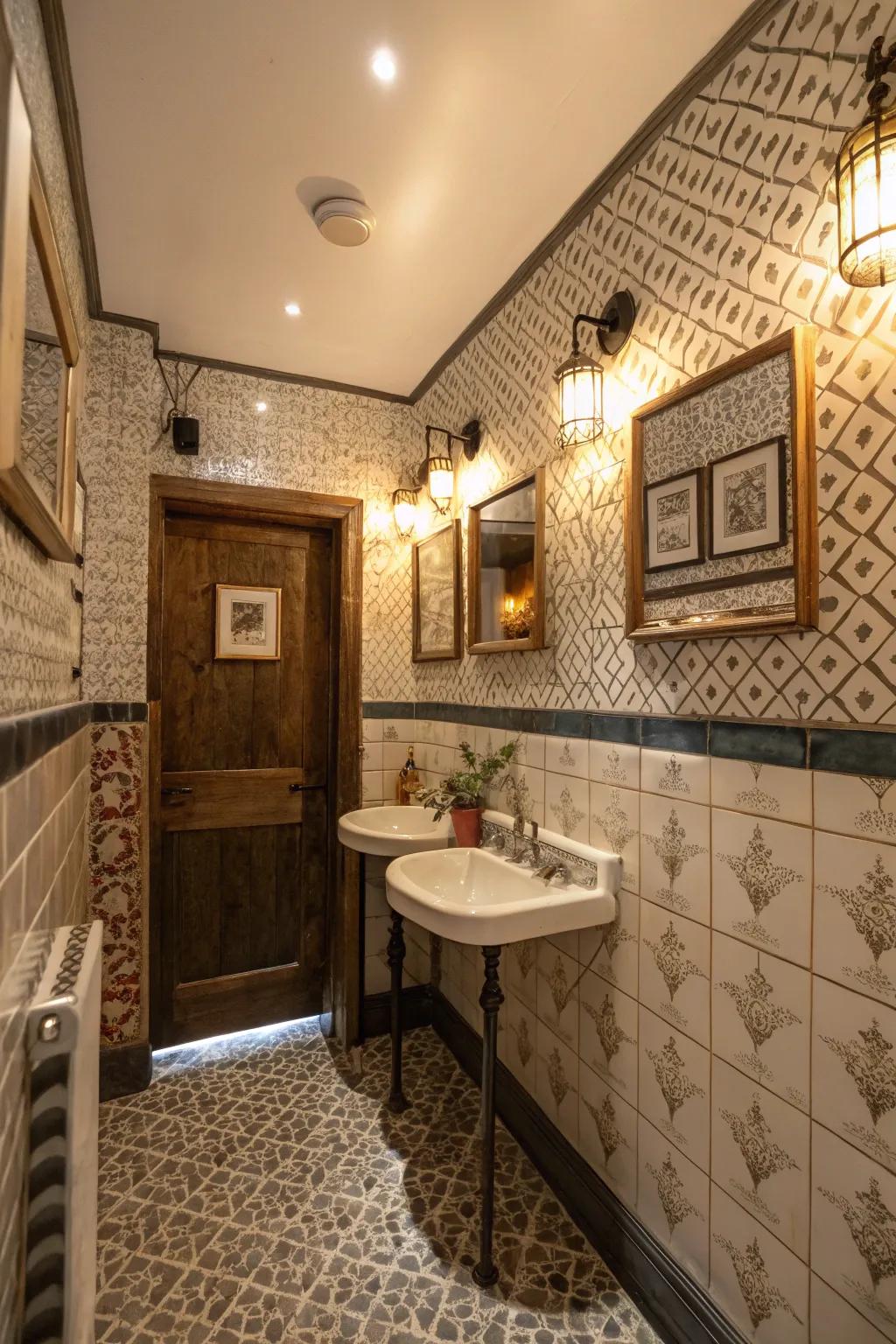 Eye-catching patterns can enrich the style of a petite bathroom.